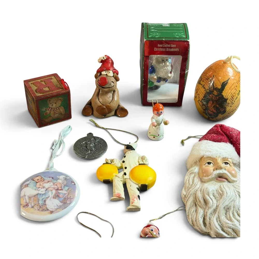 Vintage Christmas Ornament Lot Santa Claus Reindeer Clown Angel Kitsch 11 pieces